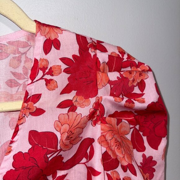 Lulus Floral Button-Up Blouse Crop Top Small V-Neck Short Sleeve Pink & Red - Picture 2 of 7